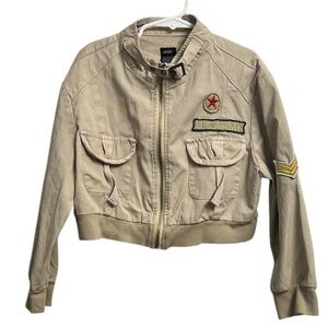 AZIZ Embellished Denim Beige Cropped Military Jacket Large